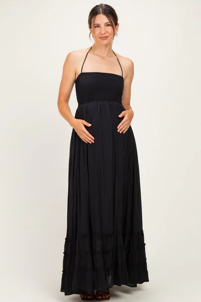PinkBlush Black Smocked Halter Open Back Maternity Maxi Dress