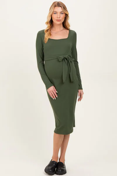 PinkBlush Olive Ribbed Long Sleeve Square Neck Tie Belt Maternity Midi Dress