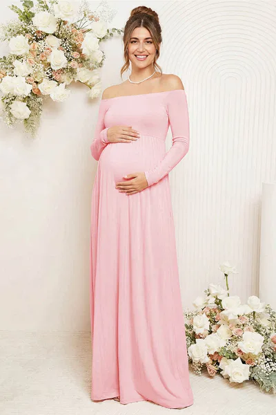 Summer Mae Summer Mae Off Shoulder Maternity Maxi Dress | Long Sleeve Bump Friendly Photoshoot Gown