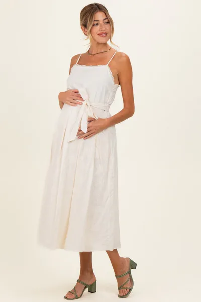 PinkBlush Cream Embroidered Tie Waist Maternity Midi Dress