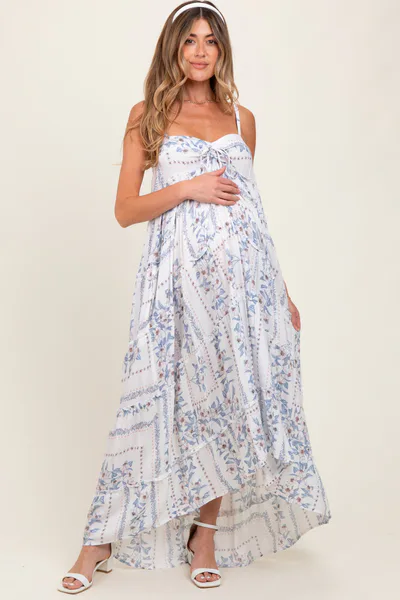 PinkBlush Light Blue Hi-Lo Spaghetti Strap Patchwork Ruffle Maternity Maxi Dress