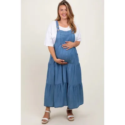 Target Pinkblush Blue Chambray Overall Tiered Maternity Plus Midi Dress 2X