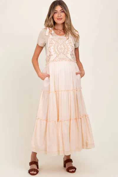 PinkBlush Cream Embroidered Ruffle Tiered Apron Maternity Dress