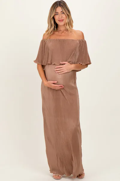 PinkBlush Mocha Pleated Ruffle Off Shoulder Maternity Maxi Dress