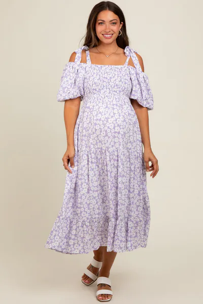PinkBlush Lavender Floral Off Shoulder Smocked Maternity Dress