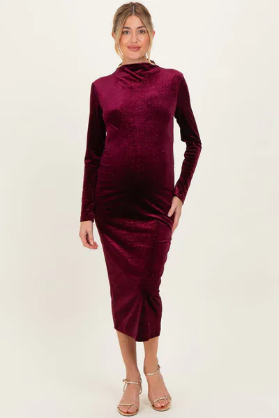 PinkBlush Burgundy Glitter Velvet Ruched Maternity Midi Dress