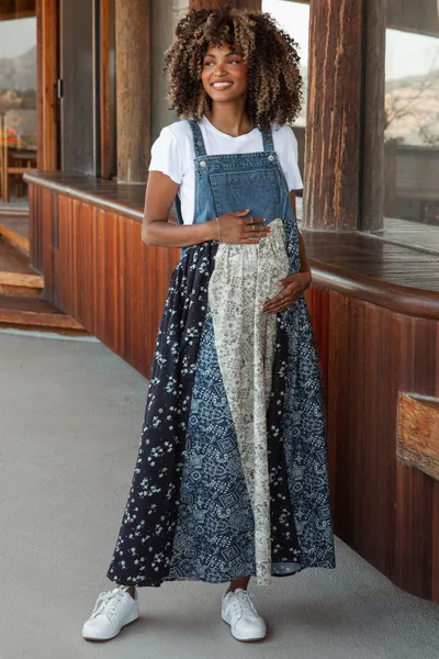 PinkBlush Blue Floral Colorblock Print Denim Contrast Maternity Dress