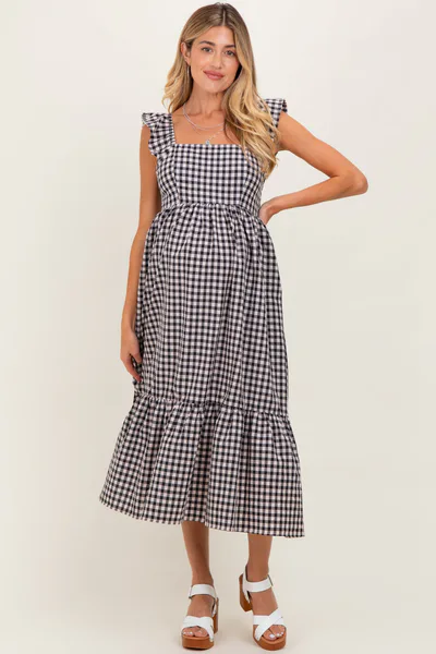 PinkBlush Black Gingham Ruffle Strap Maternity Midi Dress