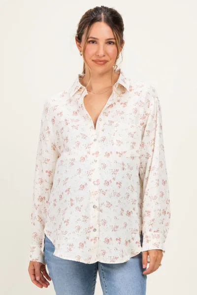 PinkBlush Mauve Floral Cotton Gauze Oversized Button-Down Maternity Shirt