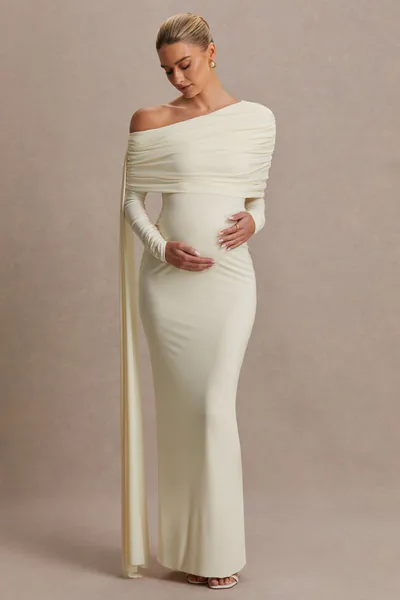 Club L London Cyra | Cream Asymmetric-Neck Maternity Maxi Dress With Sash