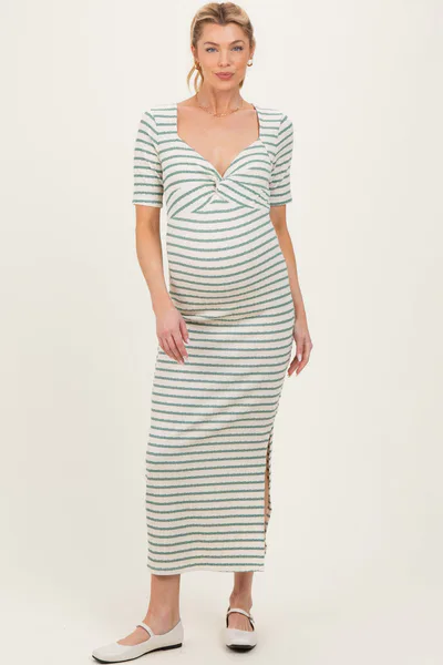 PinkBlush Cream/ Sage Striped Knit Short Sleeve Maternity Maxi Dress