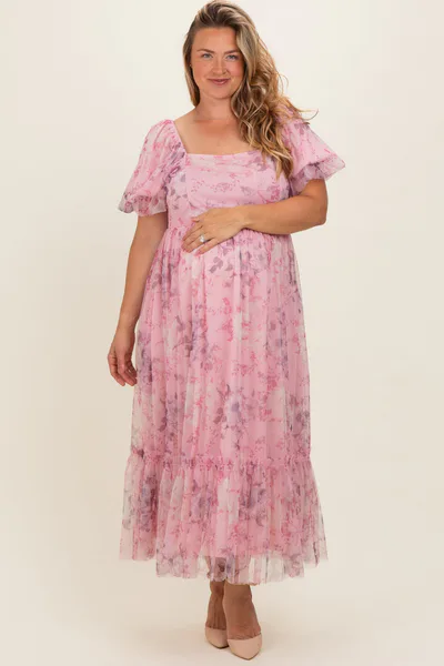 PinkBlush Pink Floral Printed Tulle Puff Sleeve Maternity Plus Midi Dress