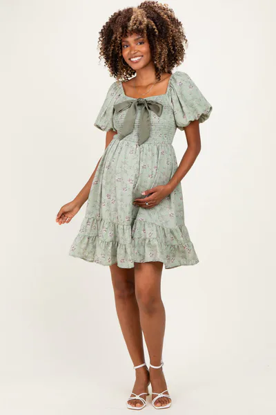 PinkBlush Sage Green Bow Smocked Bubble Sleeve Maternity Mini Dress