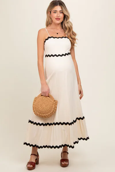 PinkBlush Beige Colorblock Trim Maternity Midi Dress