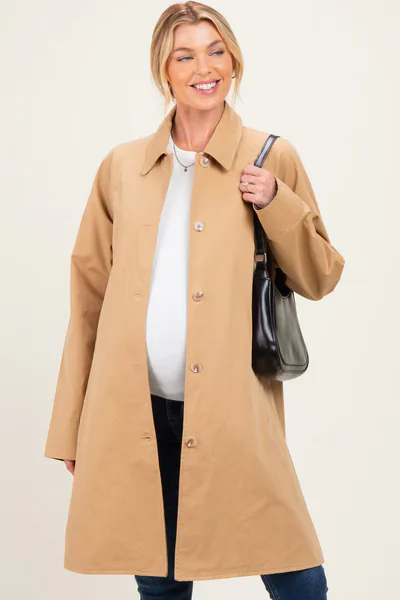 PinkBlush Tan Relaxed Fit Midi Button Maternity Trench Coat