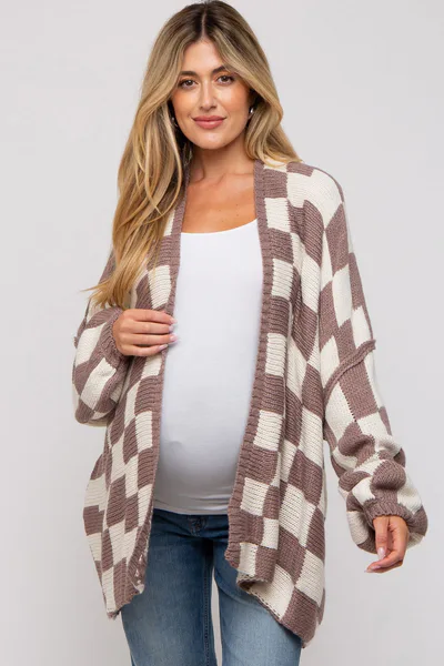 PinkBlush Taupe Checkered Print Oversized Maternity Cardigan