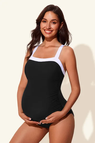Summer Mae Maternity One-Piece Swimsuit with Retro Color Block and Ruched Sides