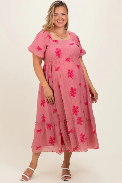 PinkBlush Dusty Mauve Floral Print Ruffle Hem Maternity Plus Midi Dress