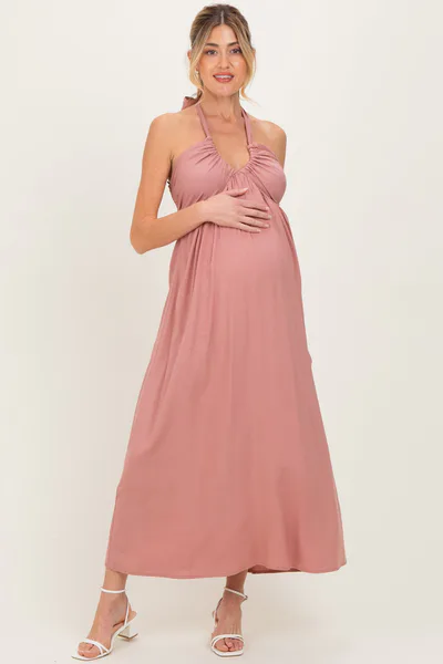 PinkBlush Mauve Halter Neck Side Slit Maternity Midi Dress