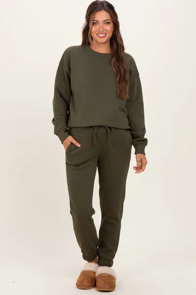 PinkBlush Olive Fleece Long Sleeve Maternity Pullover & Jogger Set