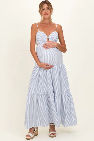 PinkBlush White Striped Cutout Tie Back Maternity Maxi Dress