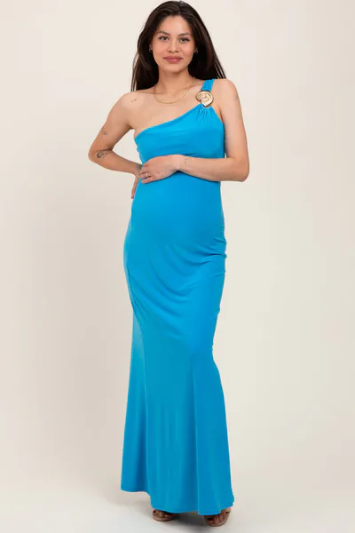 PinkBlush Blue One Shoulder Pendant Cutout Maternity Maxi Dress