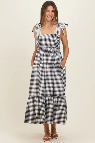 PinkBlush Black Gingham Lace Trim Shoulder Tie Maternity Maxi Dress