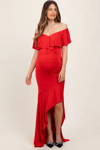 PinkBlush Red Off Shoulder Ruffle Hi-Low Maternity Maxi Dress