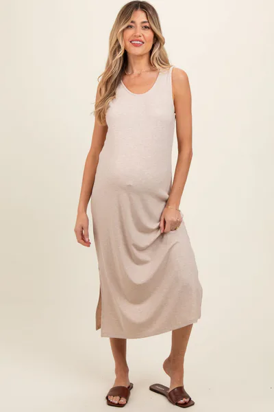 PinkBlush Beige Ribbed Sleeveless Maternity Midi Dress