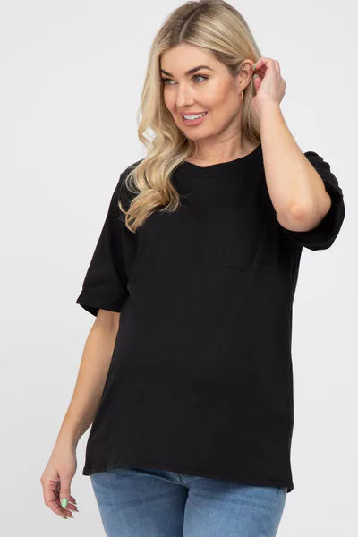 PinkBlush Black Oversized Pocket Front Short Sleeve Maternity Top