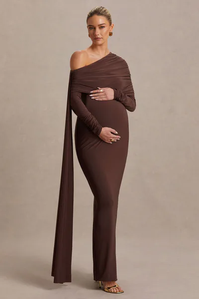 Club L London Cyra | Brown Bardot-Neck Maternity Maxi Dress With Sash
