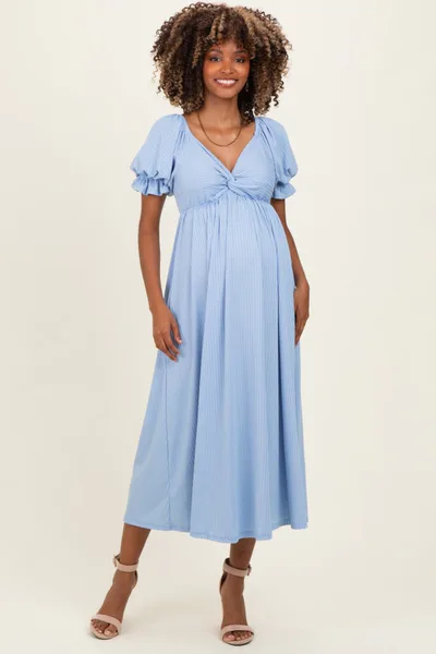 PinkBlush Light Blue Ribbed Short Sleeve Empire Waist V-Neck Maternity Maxi Dress