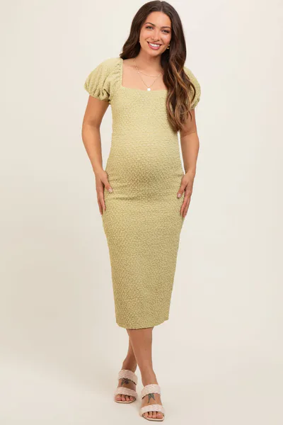 PinkBlush Lime Popcorn Textured Short Puff Sleeve Maternity Midi Dress