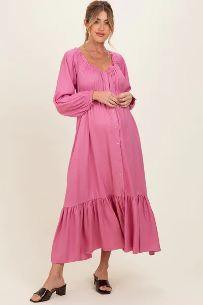 PinkBlush Pink Off Shoulder Button Accent Maternity Maxi Dress