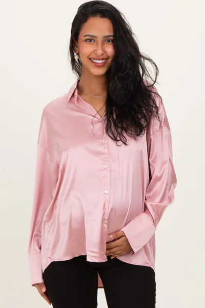 PinkBlush Blush Pink Satin Button Up Maternity Blouse