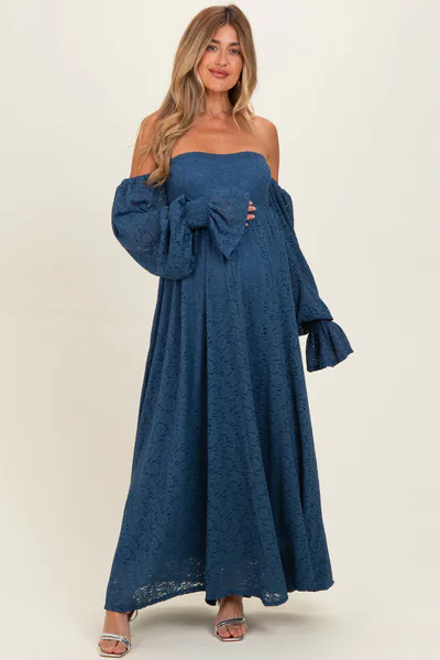 PinkBlush Blue Lace Floral Long Sleeve Maternity Photoshoot Gown/Dress