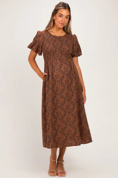 PinkBlush Clay Floral Smocked Puff Sleeve Maternity Dress