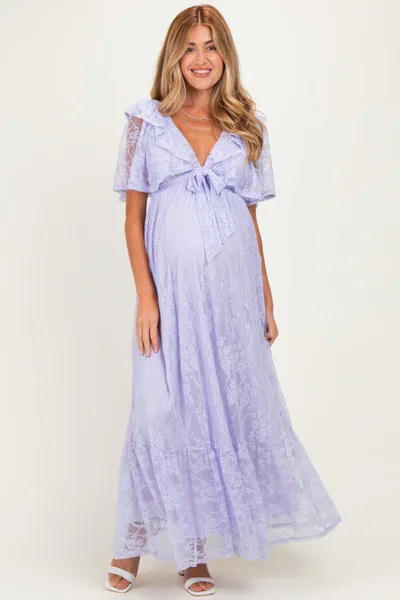 PinkBlush Lavender Lace Flutter Sleeve Tiered Maternity Maxi Dress