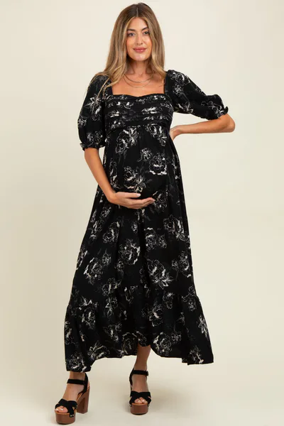 PinkBlush Black Rose Print Pleated Bodice Maternity Maxi Dress