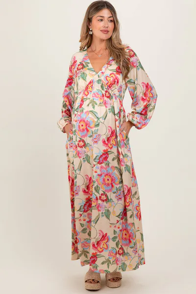 PinkBlush Beige Floral V-Neck Long Sleeve Maternity Maxi Dress