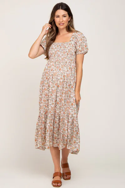 PinkBlush Taupe Floral Smocked Puff Sleeve Maternity Midi Dress