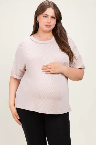 PinkBlush Beige Plus Raised Rib Short Sleeve Front Pocket Maternity Top