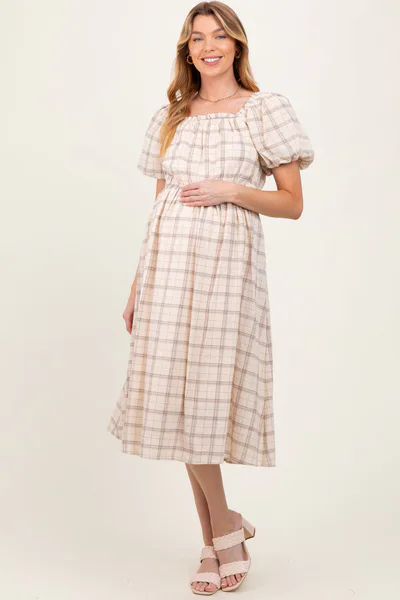 PinkBlush Ivory Plaid Square Neck Maternity Midi Dress