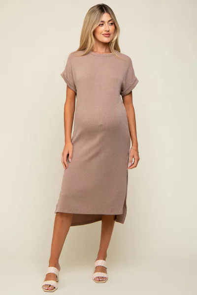 PinkBlush Mocha Ribbed Short Sleeve Maternity Midi Dress
