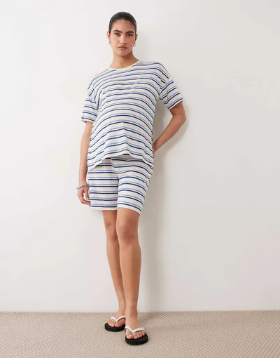ASOS Mamalicious Maternity textured jersey tie waist shorts in cream and blue stripe - part of a set