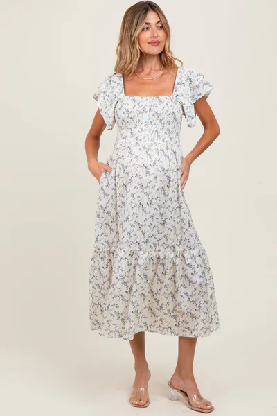 PinkBlush Ivory Floral Smocked Flutter Sleeve Maternity Midi Dress