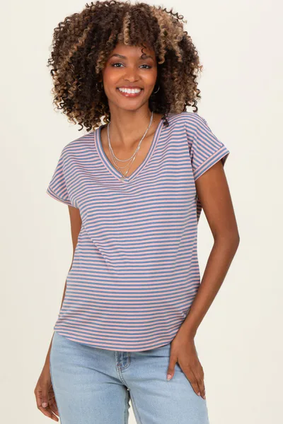 PinkBlush Pink Blue Striped V-Neck Short Sleeve Maternity Top