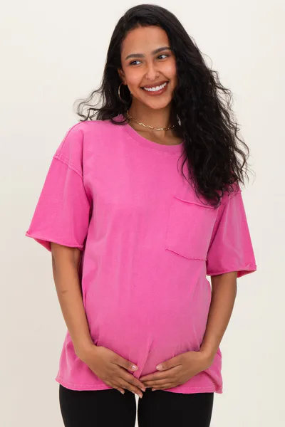 PinkBlush Fuchsia Vintage Wash Raw Edge Pocket Maternity T-Shirt