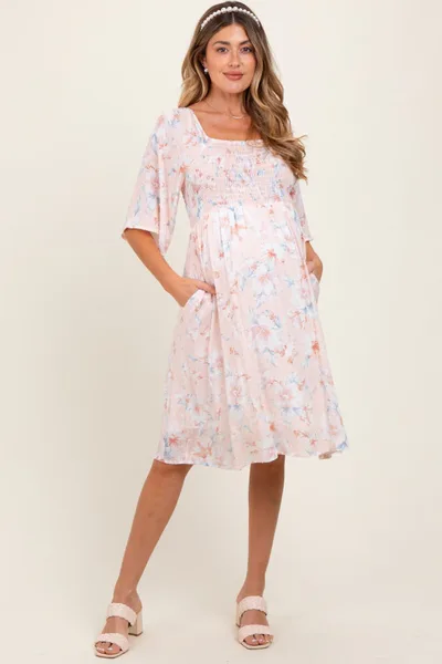 PinkBlush Peach Floral Smocked Maternity Midi Dress