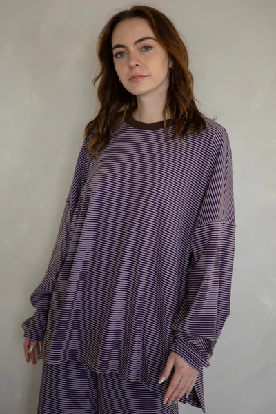 Worth Collective Naomi Striped Oversized Fleece Long Sleeve Top in Lavender - Bump Friendly